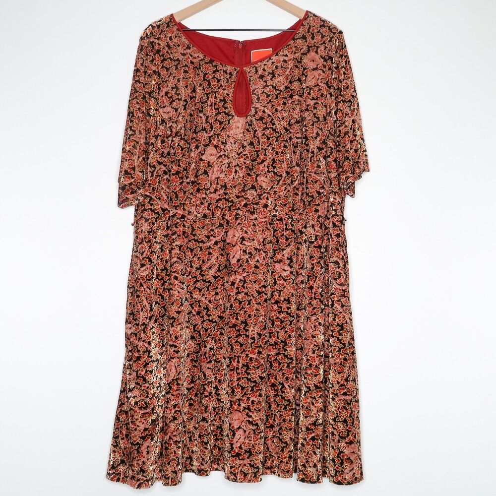 ModCloth Womens Velour Dress Plus Size 4X Red Gold Brown‎ Floral Event Cocktail